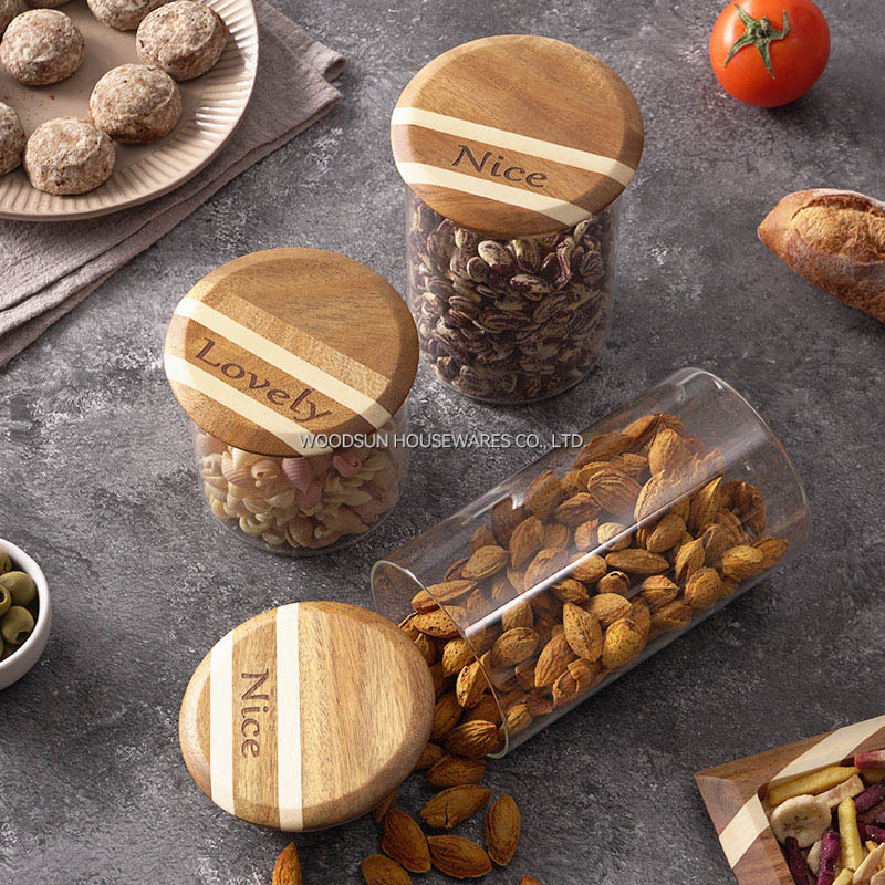 Woodsun Kitchen Tabletop Food Storage Glass Container Jars With Wooden Lids