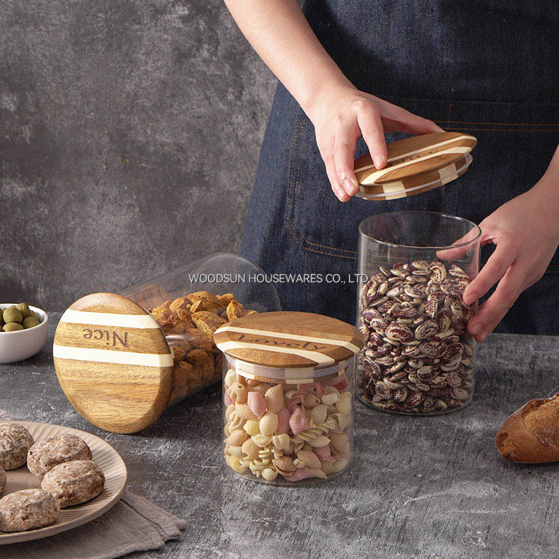 Woodsun Kitchen Tabletop Food Storage Glass Container Jars With Wooden Lids