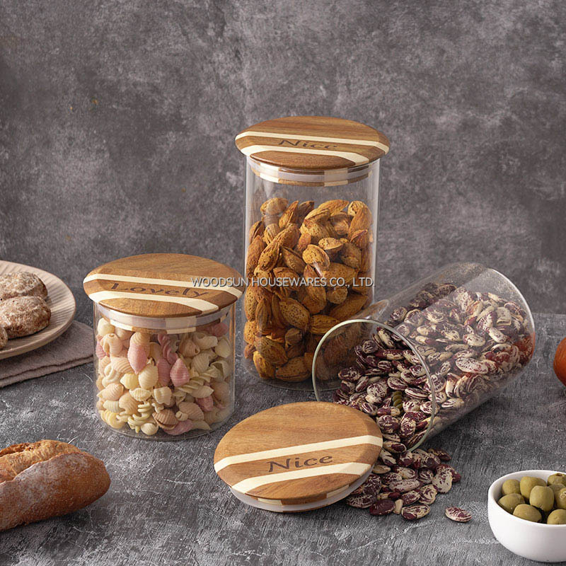 Woodsun Kitchen Tabletop Food Storage Glass Container Jars With Wooden Lids