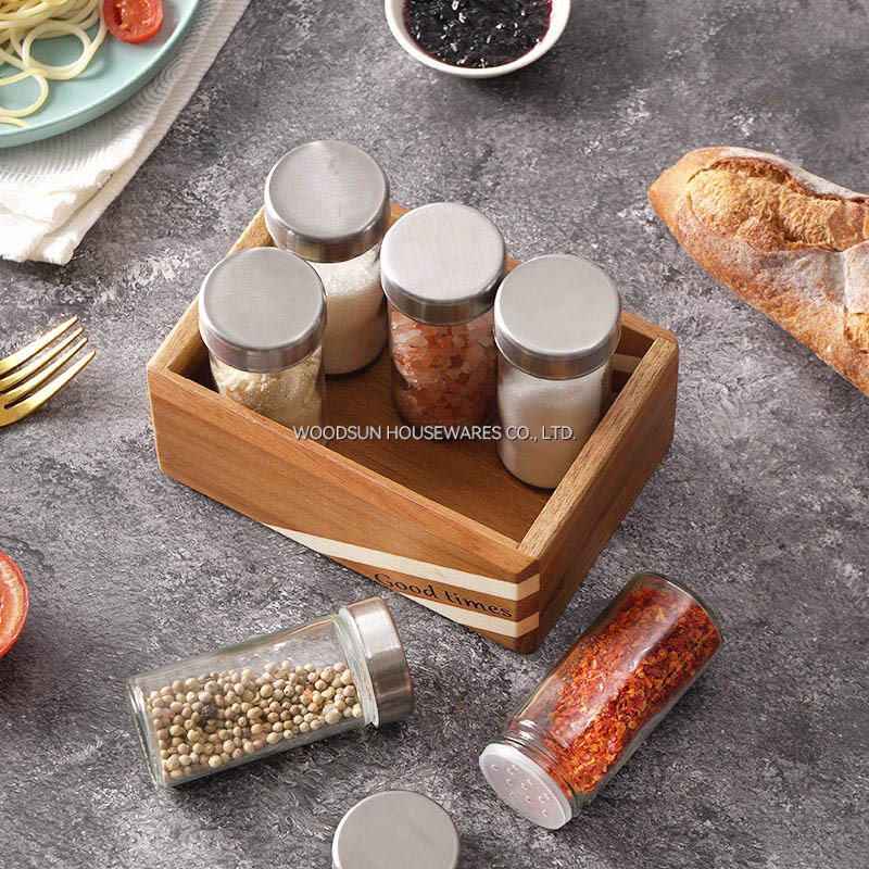 Woodsun Acacia Wood Poplar Spice Rack Spice Box With 6 Bottles Salt Box