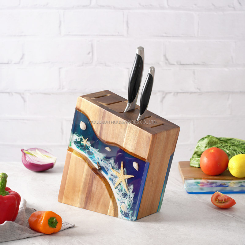 Woodsun New Products Ocean Resin Series High Quality Acacia Wood Knife Block For Kitchen