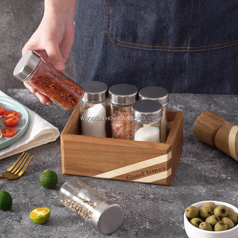 Woodsun Acacia Wood Poplar Spice Rack Spice Box With 6 Bottles Salt Box
