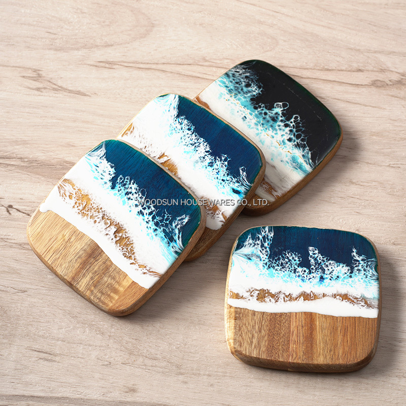Woodsun Sea Wave Design Wood Set Coaster Holder