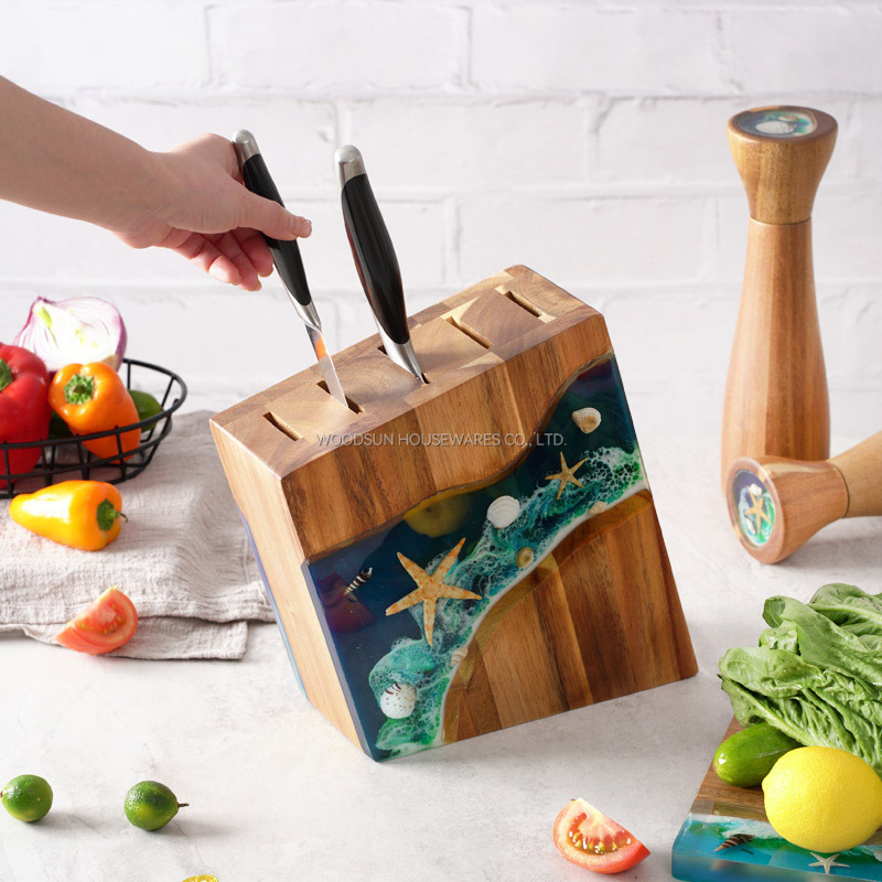 Woodsun New Products Ocean Resin Series High Quality Acacia Wood Knife Block For Kitchen