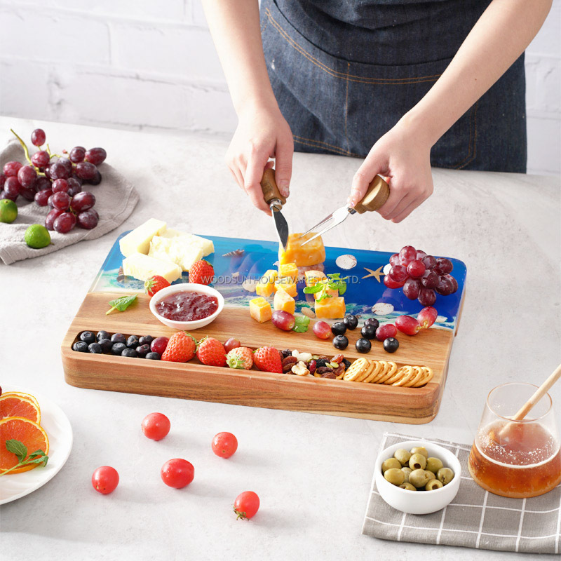 Woodsun 2025 New Product Idea Ocean Resin Series Acacia Wood Cheese Cutting Board Serving Set