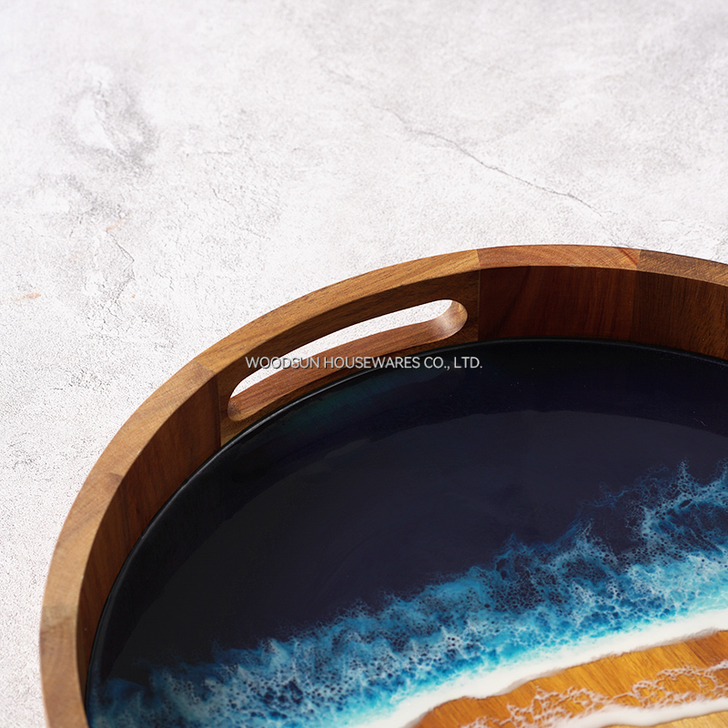 Woodsun Custom Sea Wave Resin Acacia Wood Serving Tray Storage Hotel Tray Set