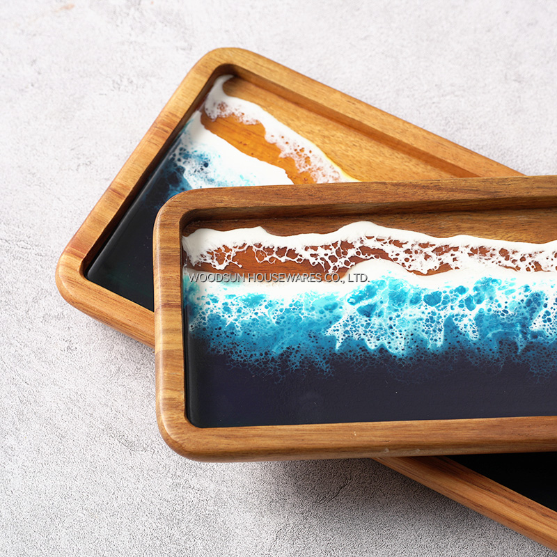 Woodsun Custom Sea Wave Resin Acacia Wooden Serving Fruit Plate