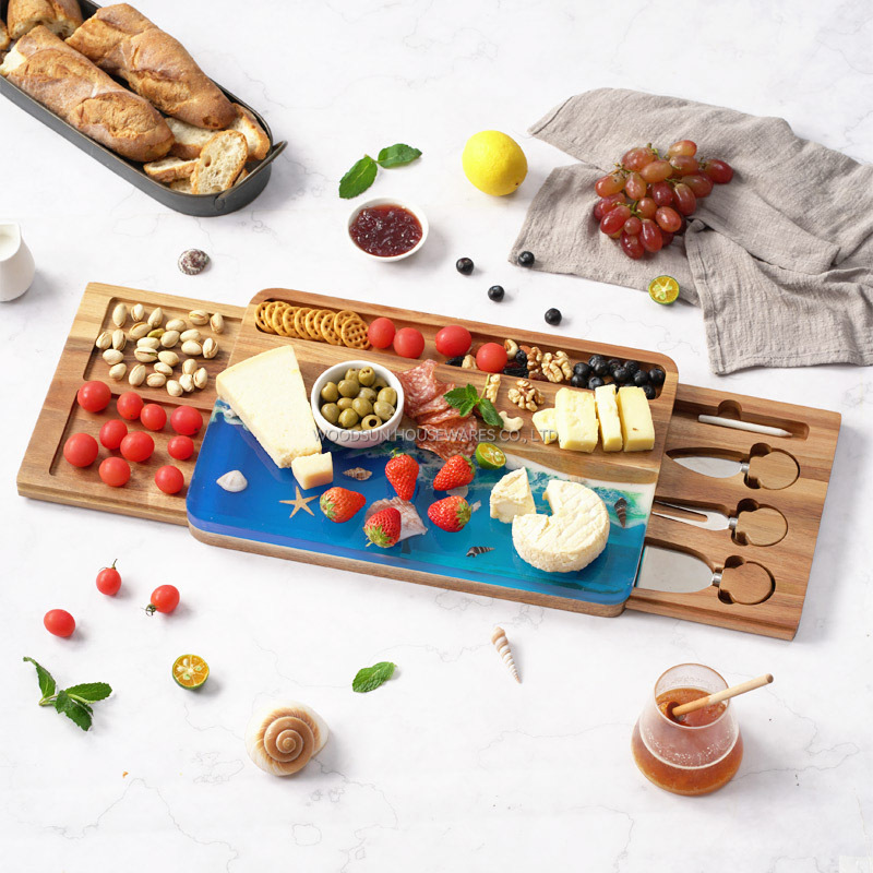 Woodsun 2025 New Product Idea Ocean Resin Series Acacia Wood Cheese Cutting Board Serving Set