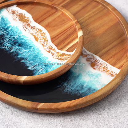 Woodsun Acacia Sea Wave Resin Acacia Wood Plates for Food
