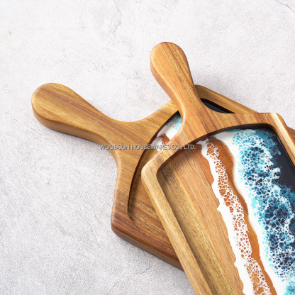Woodsun Sea Wave Resin Acacia Wood Restaurant Serving Plates for Food