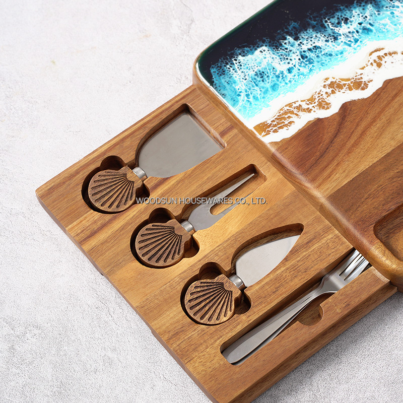 Woodsun Plato De Quesos Expendable Shell Shape Handle Wood Cheese Board Knife Set With Board