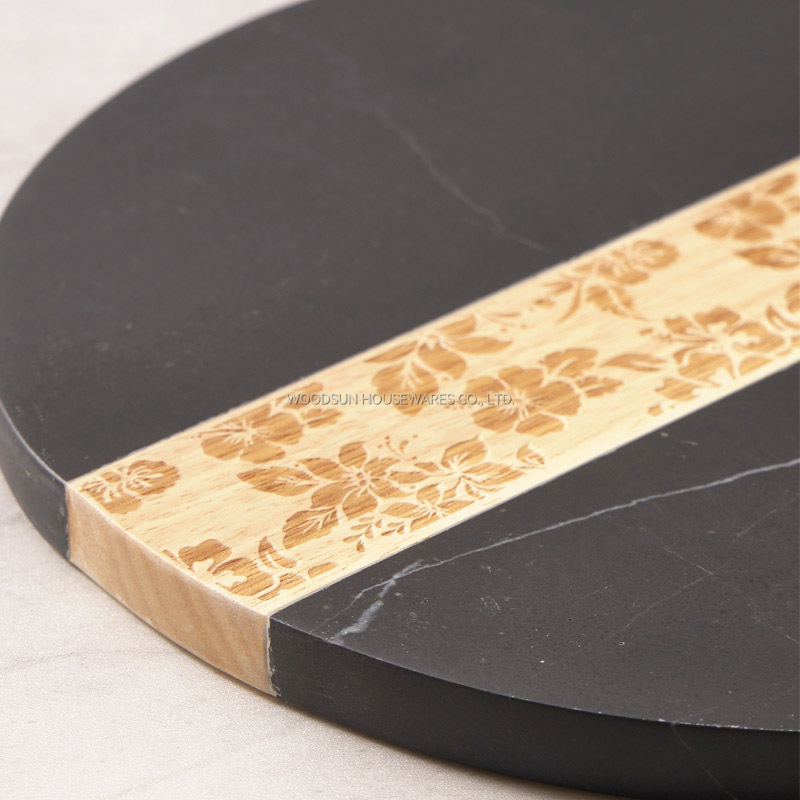 Woodsun Laser Pattern Marble And Rubber Wood Cutting Board 2024 Black Marble Chopping Block