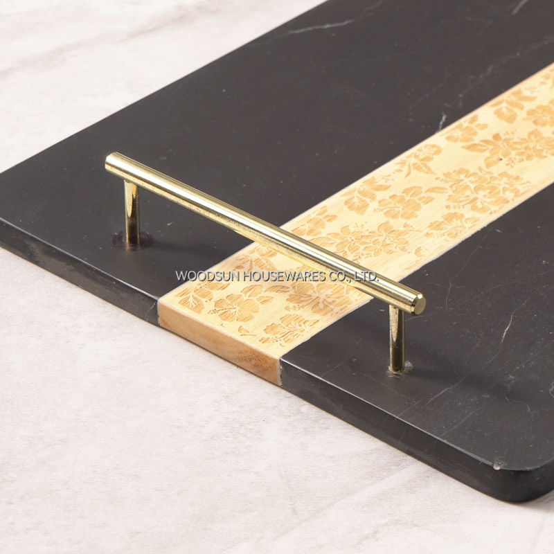 Woodsun 2025 Gift Rubber Wood Black Marble Wooden Food Serving Tray