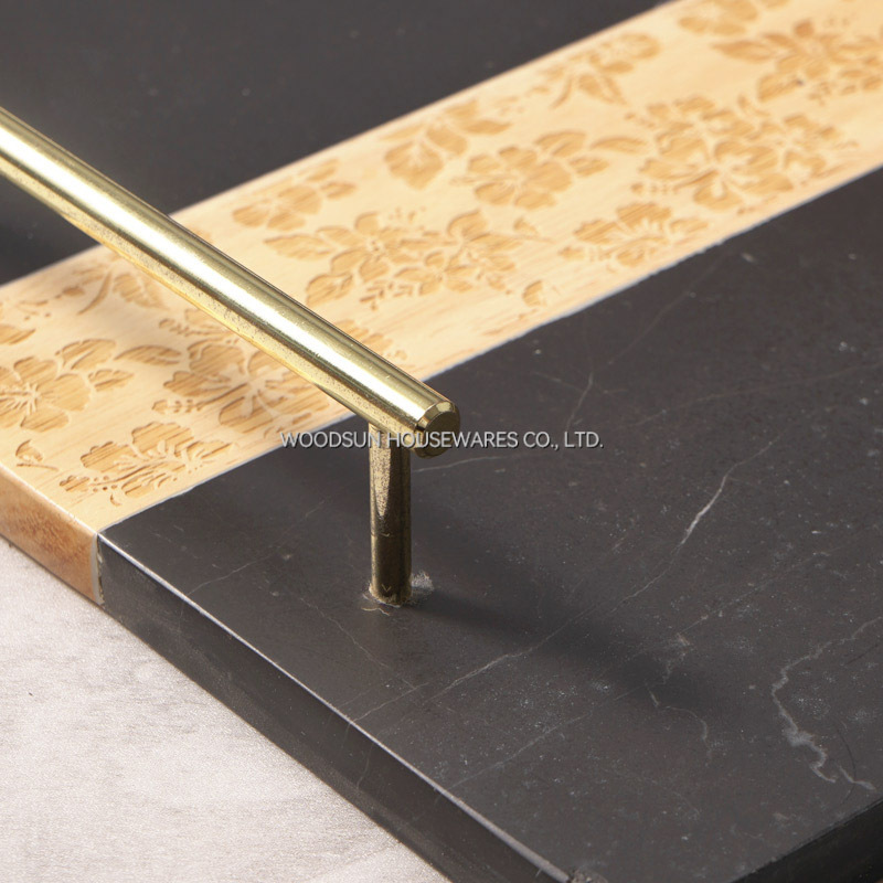 Woodsun 2025 Gift Rubber Wood Black Marble Wooden Food Serving Tray