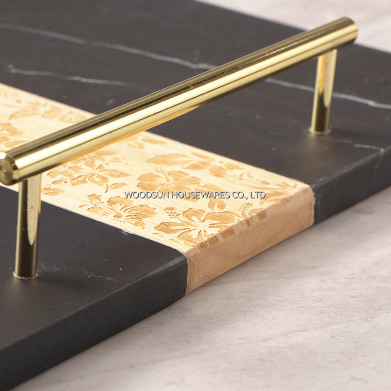 Woodsun 2025 Gift Rubber Wood Black Marble Wooden Food Serving Tray