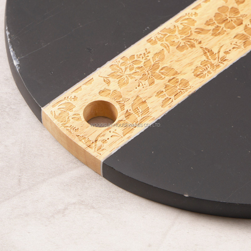 Woodsun Custom Manufacturer Laser Pattern 2025 Rubber Wood Cutting Board Black Marble