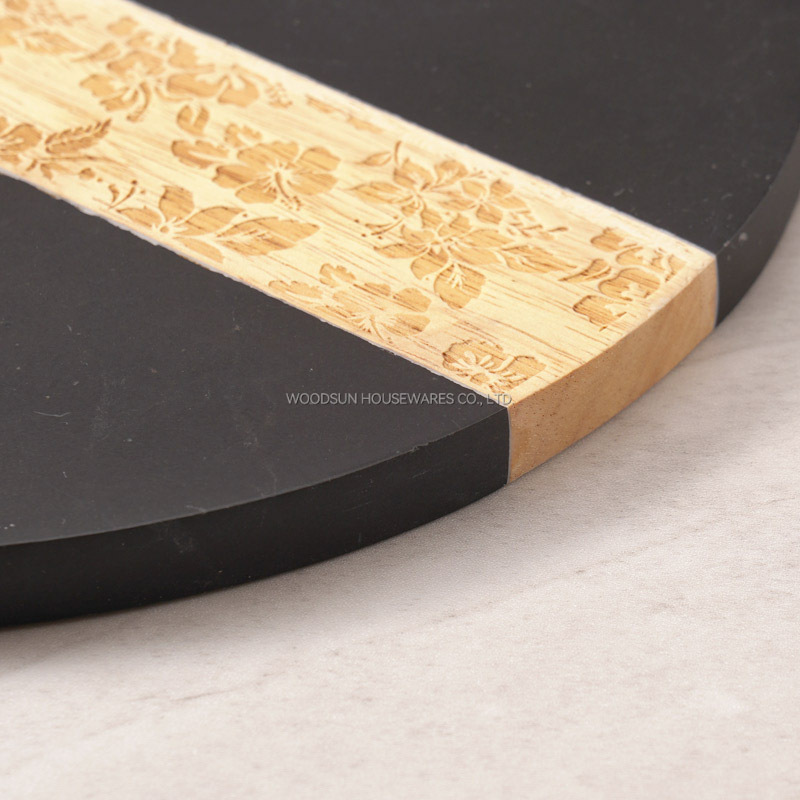Woodsun Custom Manufacturer Laser Pattern 2025 Rubber Wood Cutting Board Black Marble
