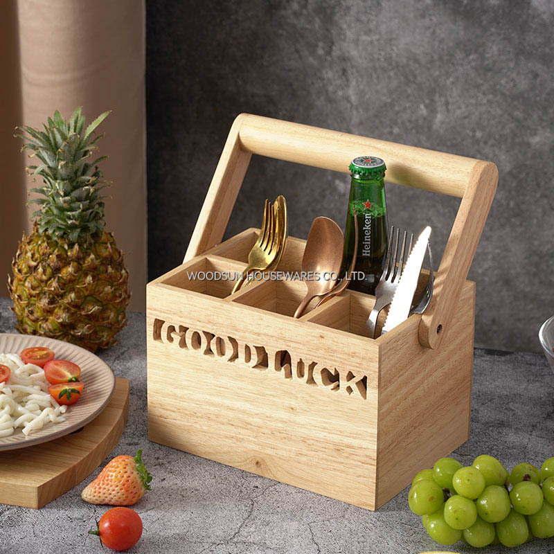 Woodsun Wood Silverware Caddy with Handle Wooden Utensil Holder Basket China Manufacturer