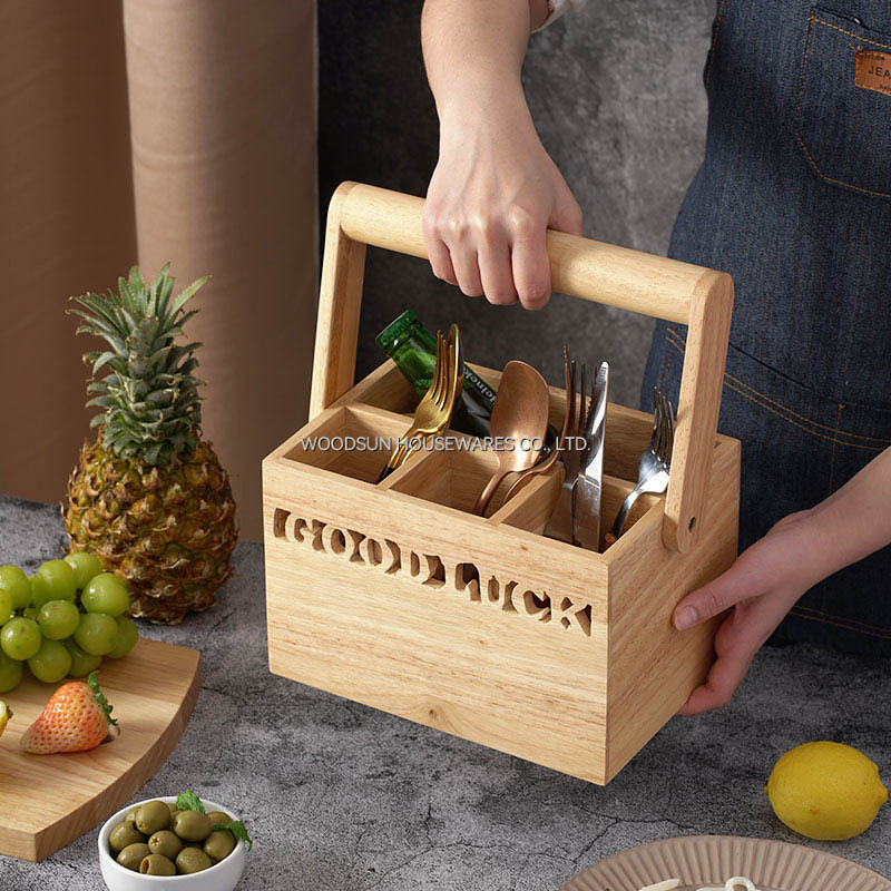 Woodsun Wood Silverware Caddy with Handle Wooden Utensil Holder Basket China Manufacturer