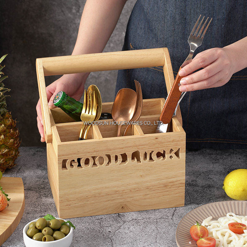 Woodsun Wood Silverware Caddy with Handle Wooden Utensil Holder Basket China Manufacturer