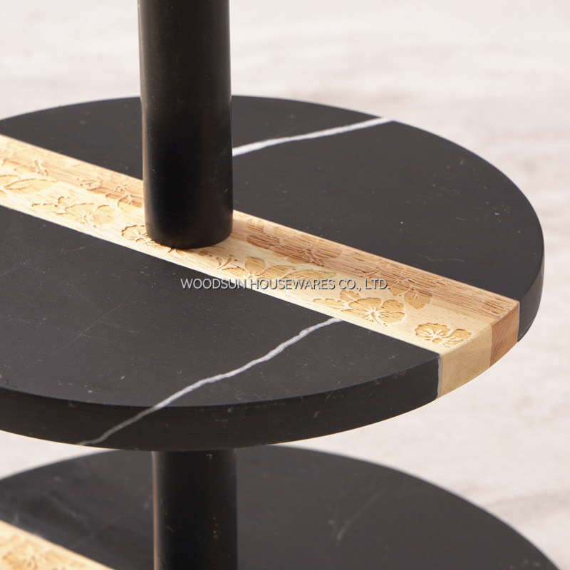 Woodsun Rubber Wood Black Marble 2 Tier Serving Tray Serving Cake Stand