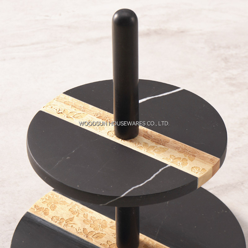 Woodsun Rubber Wood Black Marble 2 Tier Serving Tray Serving Cake Stand