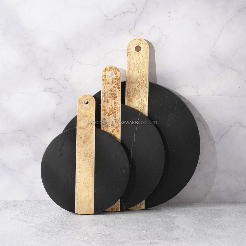 Woodsun Laser Pattern Marble And Rubber Wood Cutting Board 2024 Black Marble Chopping Block