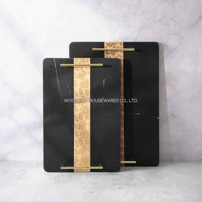 Woodsun 2025 Gift Rubber Wood Black Marble Wooden Food Serving Tray