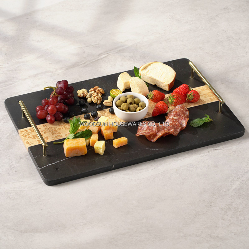 Woodsun 2025 Gift Rubber Wood Black Marble Wooden Food Serving Tray
