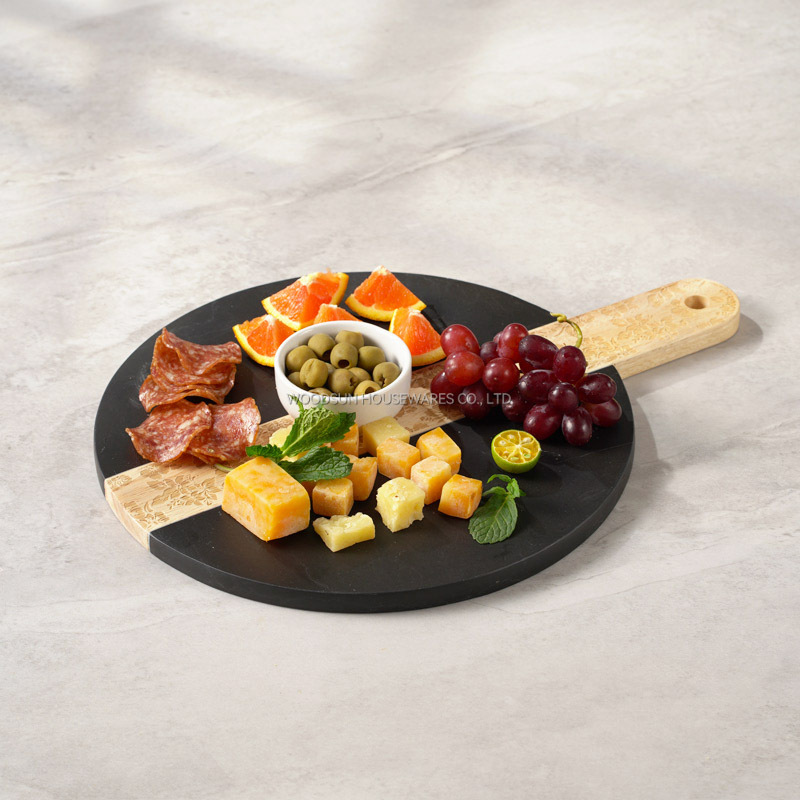 Woodsun Laser Pattern Marble And Rubber Wood Cutting Board 2024 Black Marble Chopping Block