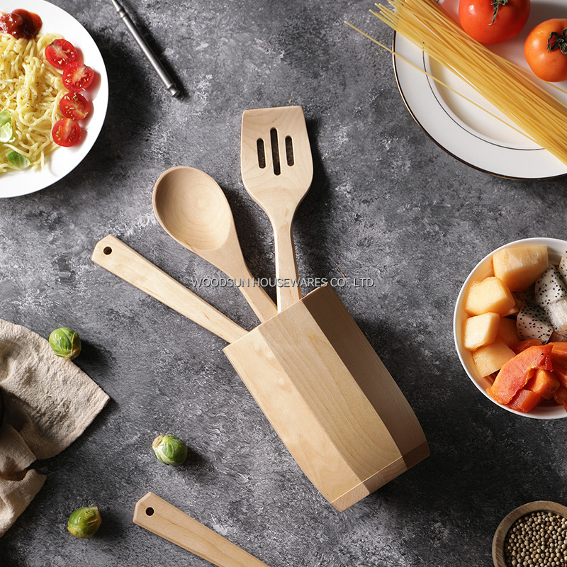 Woodsun Custom Manufacturer Birch Wood Round Kitchen Cutlery Holder Spoon Holder