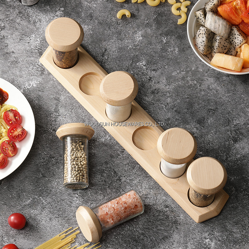 Woodsun Custom Birch Wood Glass Salt and Pepper Rack Spice Bottle