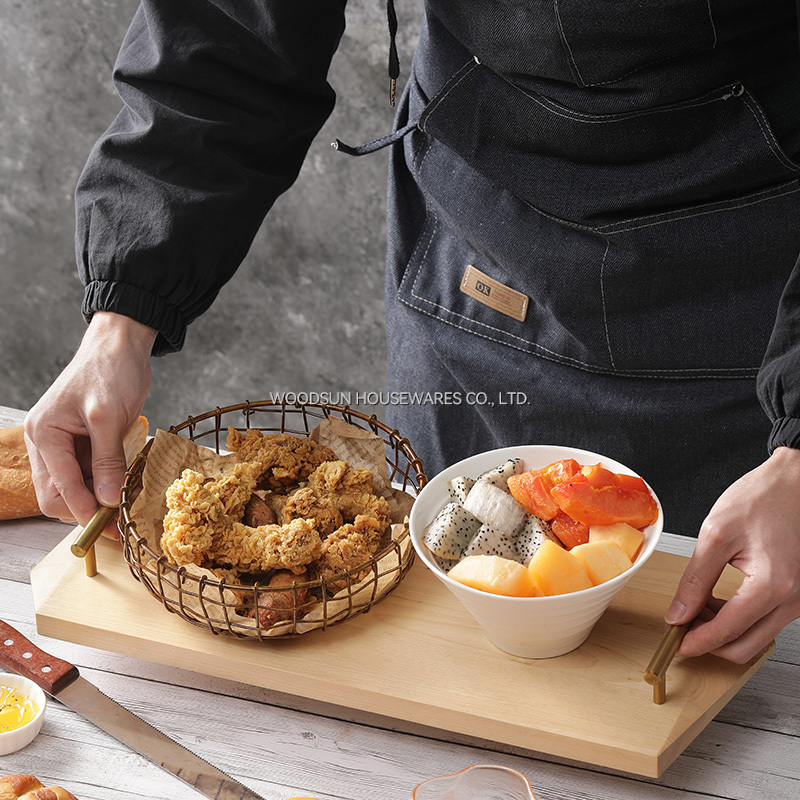 Woodsun Birch Wood Custom Metal Serving Tray Plate With Handles