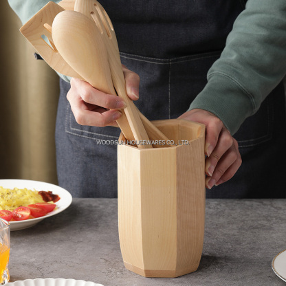 Woodsun Custom Manufacturer Birch Wood Round Kitchen Cutlery Holder Spoon Holder