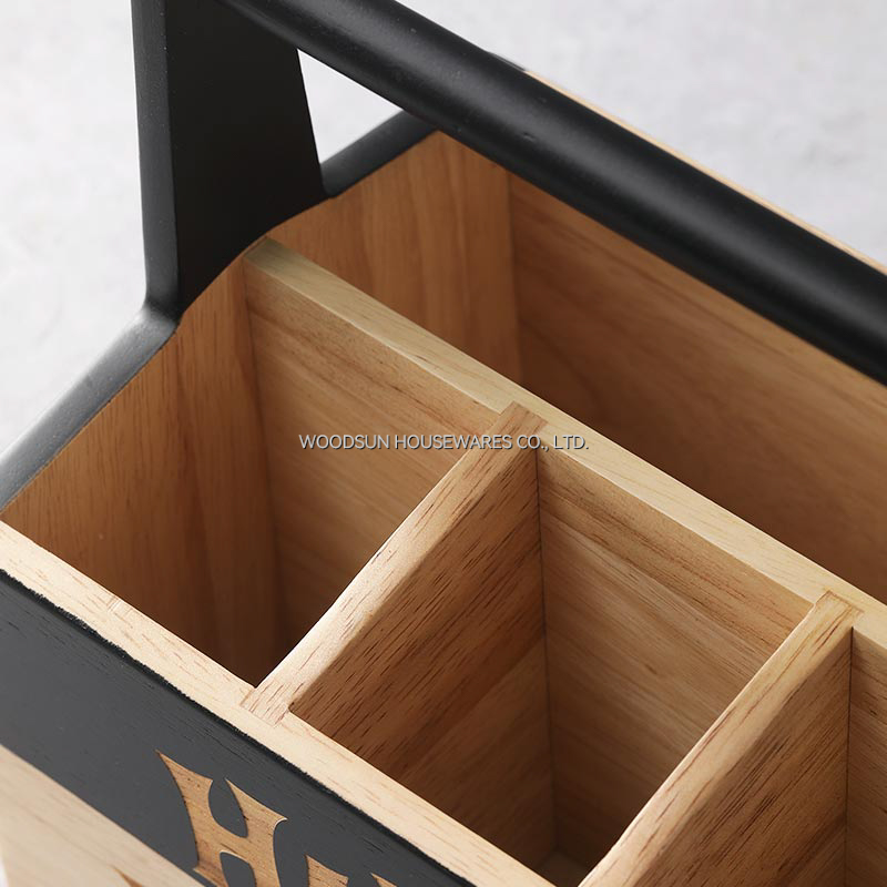 Woodsun 2025 Rubber Wood Utensil Caddy Holder Kitchen Basket With Wooden Handle