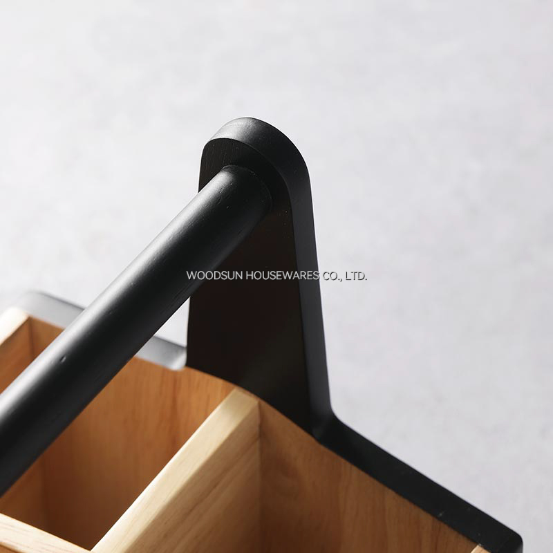 Woodsun 2025 Rubber Wood Utensil Caddy Holder Kitchen Basket With Wooden Handle