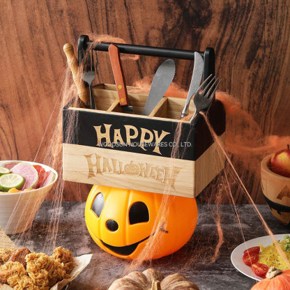 Woodsun 2025 Rubber Wood Utensil Caddy Holder Kitchen Basket With Wooden Handle