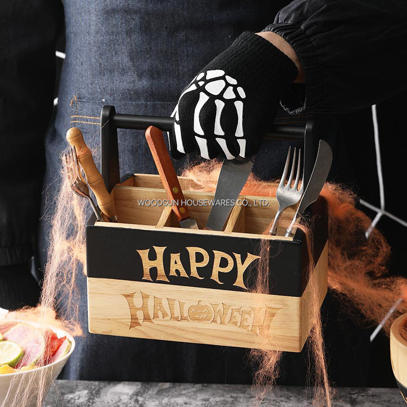 Woodsun 2025 Rubber Wood Utensil Caddy Holder Kitchen Basket With Wooden Handle