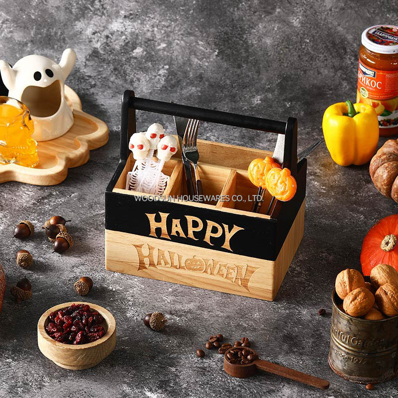 Woodsun 2025 Rubber Wood Utensil Caddy Holder Kitchen Basket With Wooden Handle