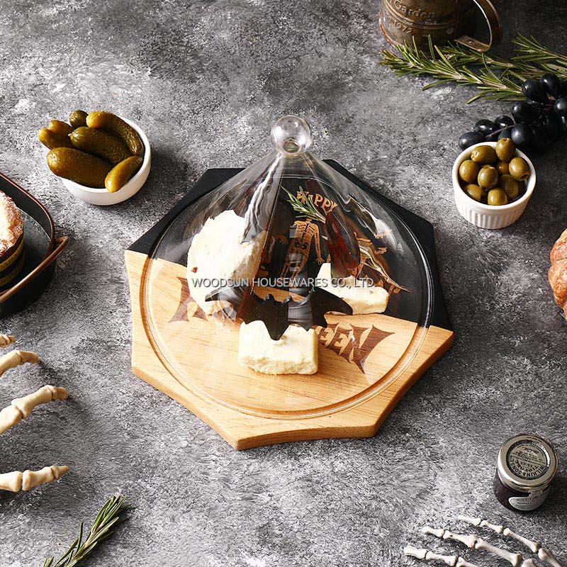 Woodsun Custom-made Wholesale Rubber Wooden Cheese Board and Knife Set with Glass Dome Cover