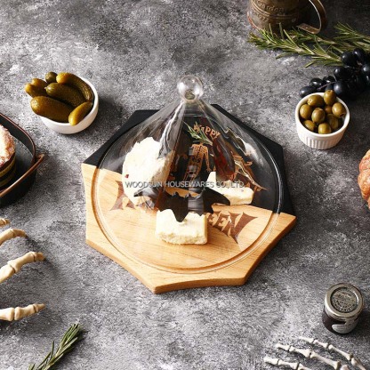 Woodsun Custom-made Wholesale Rubber Wooden Cheese Board and Knife Set with Glass Dome Cover