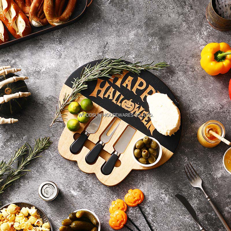 Woodsun Halloween Rubber Wood Cheese Board and Knife Set in Wood