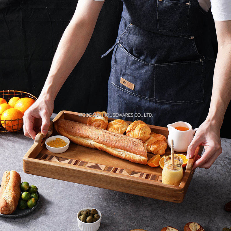 Woodsun Acacia Wood Food Serving Trays with Handle Fruit Steak Platter for Breakfast Rustic Wooden Tray