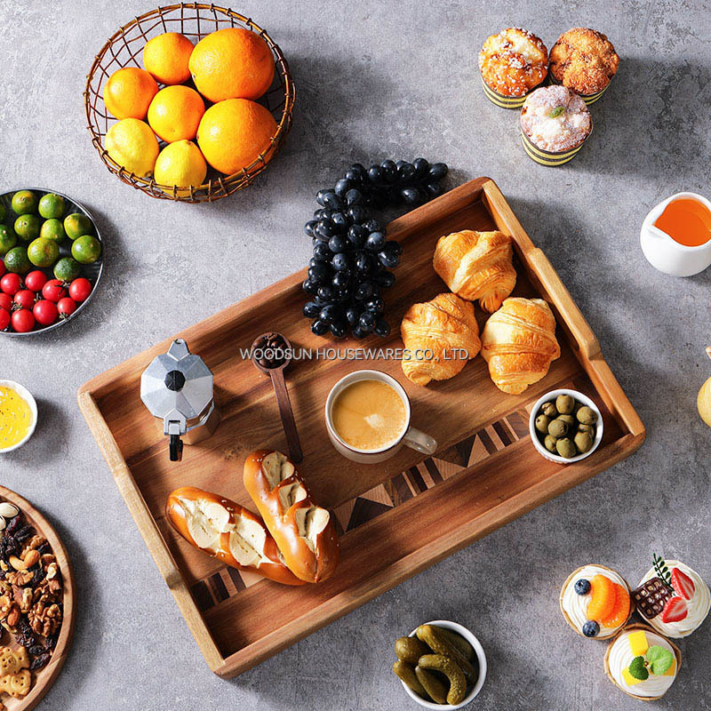 Woodsun Acacia Wood Food Serving Trays with Handle Fruit Steak Platter for Breakfast Rustic Wooden Tray