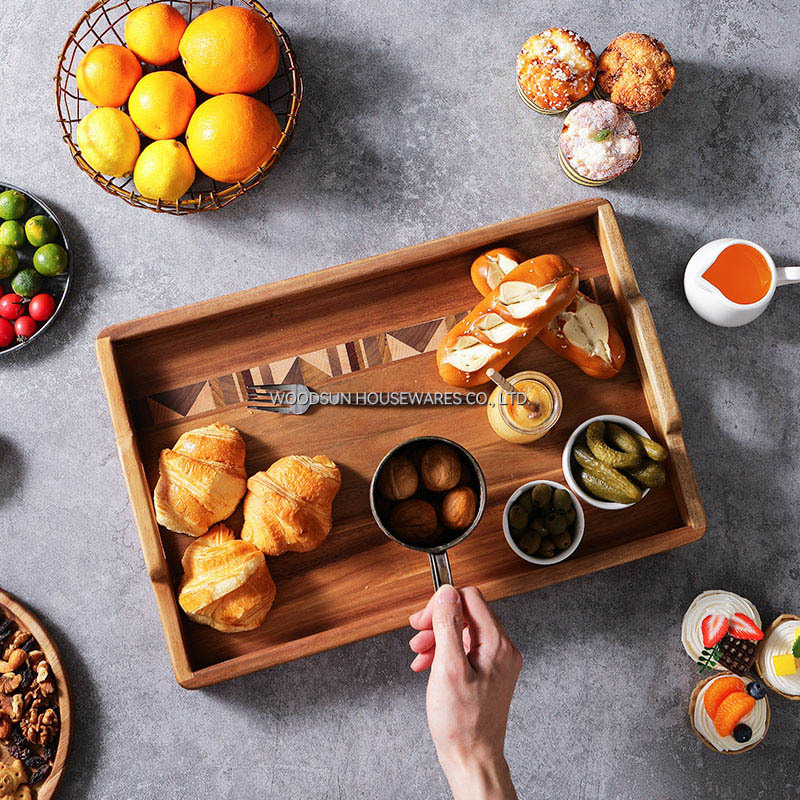 Woodsun Acacia Wood Food Serving Trays with Handle Fruit Steak Platter for Breakfast Rustic Wooden Tray