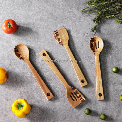 Hot Sale Durable Non Stick Kitchen Acacia Wood Cooking Tools Spoon Spatula Wood Utensils Set of 4