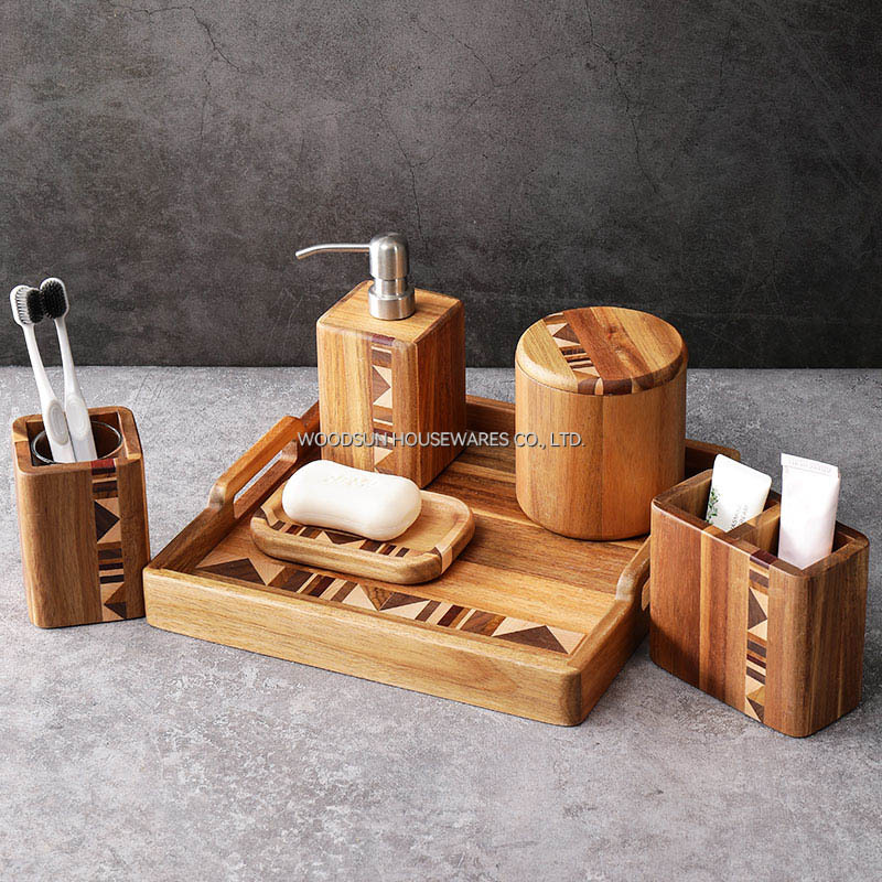 Woodsun Wooden Bathroom Accessory Set with Soap Dispenser Cotton Jar Ball Box Toothbrush Holder Rack Soap Dish Set