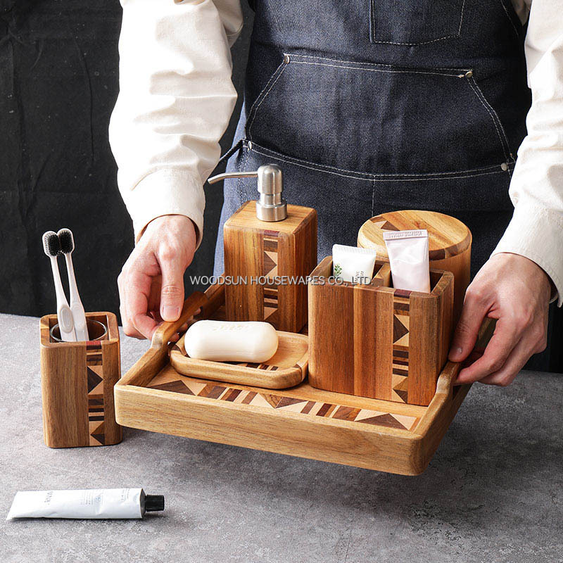 Woodsun Wooden Bathroom Accessory Set with Soap Dispenser Cotton Jar Ball Box Toothbrush Holder Rack Soap Dish Set