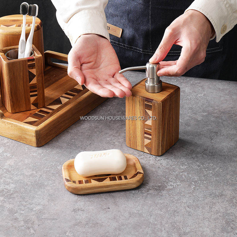 Woodsun Wooden Bathroom Accessory Set with Soap Dispenser Cotton Jar Ball Box Toothbrush Holder Rack Soap Dish Set