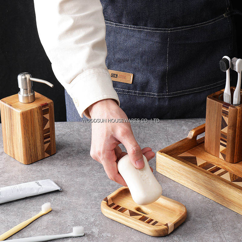 Woodsun Wooden Bathroom Accessory Set with Soap Dispenser Cotton Jar Ball Box Toothbrush Holder Rack Soap Dish Set